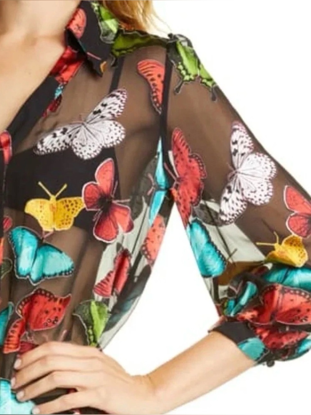 Alice + Olivia Sheila Butterfly Print Sheer Button Down Blouse. Size S
